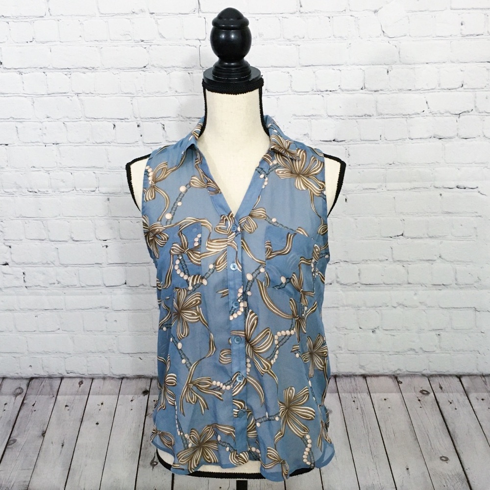 Lush Sleeveless Blouse Blue Print Small